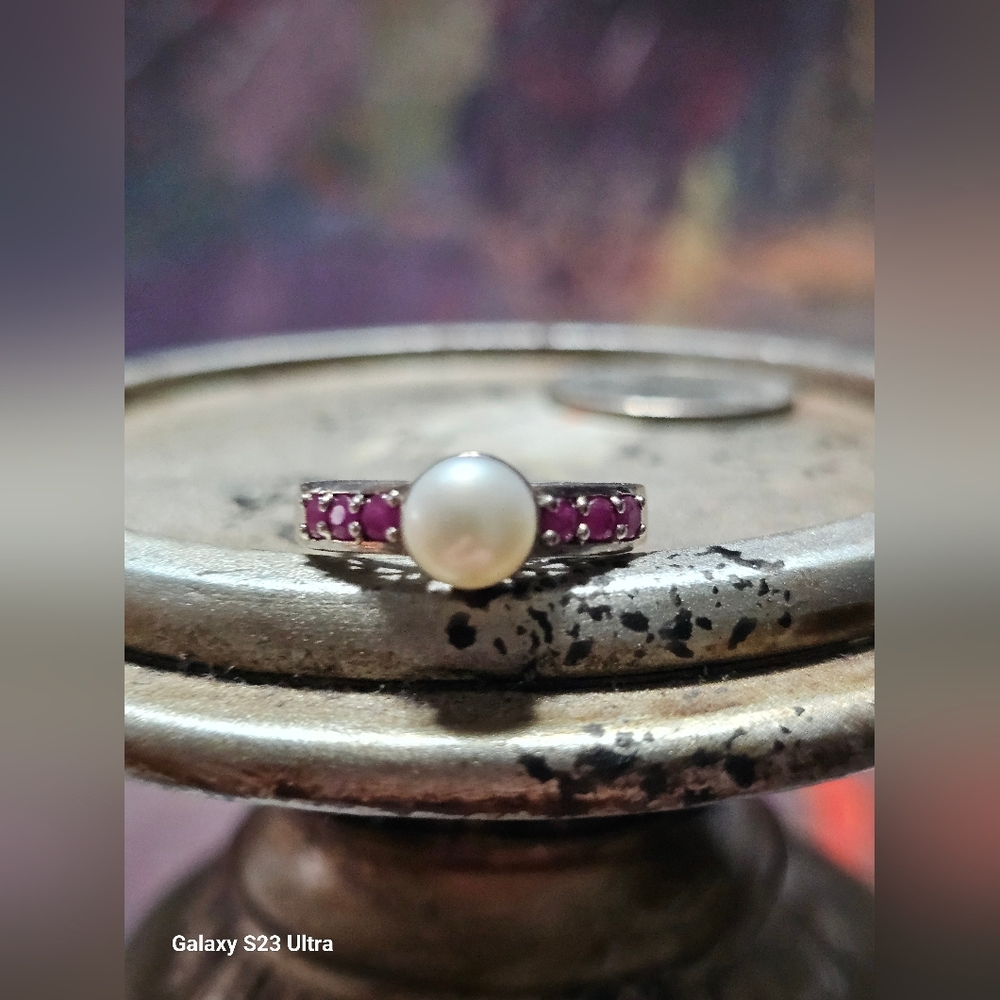 Pearl And Ruby Gemstone Ring 925 Silver Vintage S… - image 2